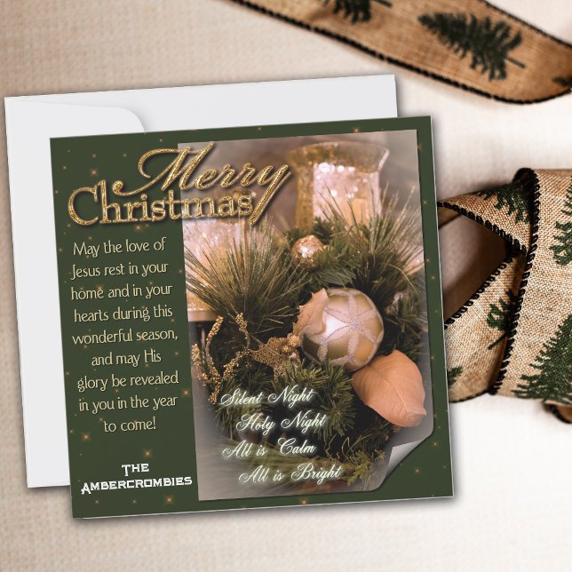 God jul julkort (Square Merry Christmas holiday card with Silent Night words.)