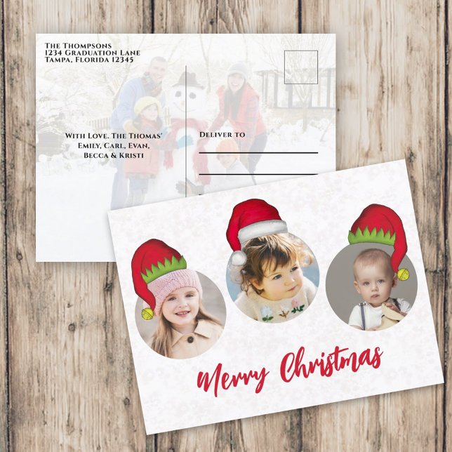 God jul Jultomten Hat Helg Vykort (Merry Christmas holiday three photo postcard template with circle photo template. )