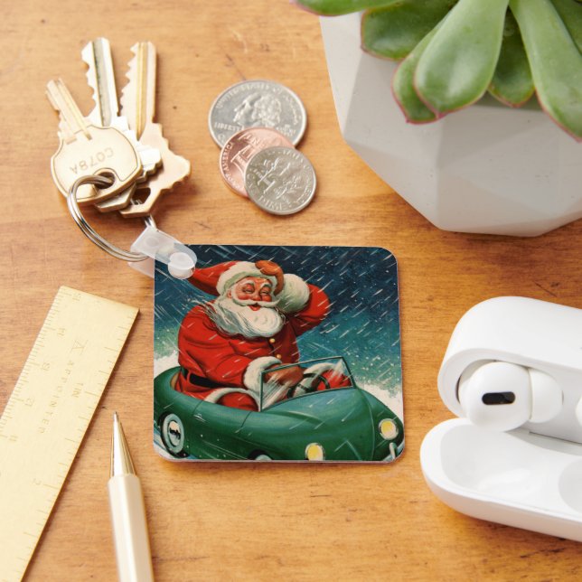 God jul, Jultomten i en Cute Car Nyckelring (Skrivbord)