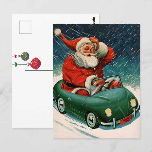 God jul, Jultomten i en Cute Car Vykort (Fram/baksida)