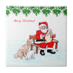 God jul - Jultomten med katt och Hund Kakelplatta