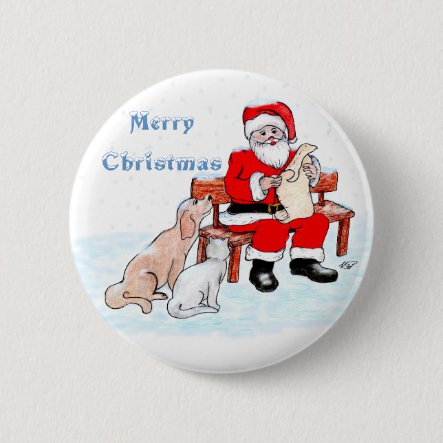 God jul - Jultomten med katt och Hund Knapp (Framsida)
