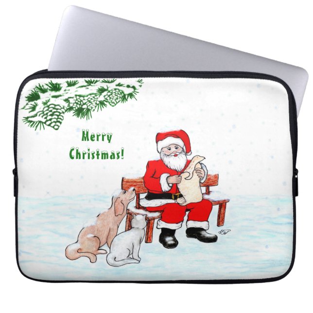 God Jul! Jultomten med katt och Hund Laptop Fodral (Framsidan)