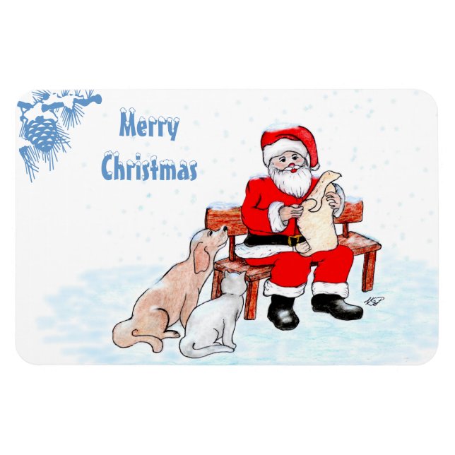 God jul - Jultomten med katt och Hund Magnet (Horisontell)