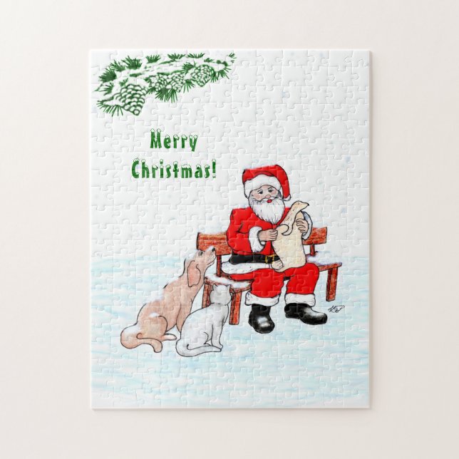 God Jul! Jultomten med katt och Hund Pussel (Vertikal)