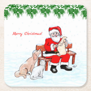 God jul - Jultomten med katt och Hund Underlägg Papper Kvadrat