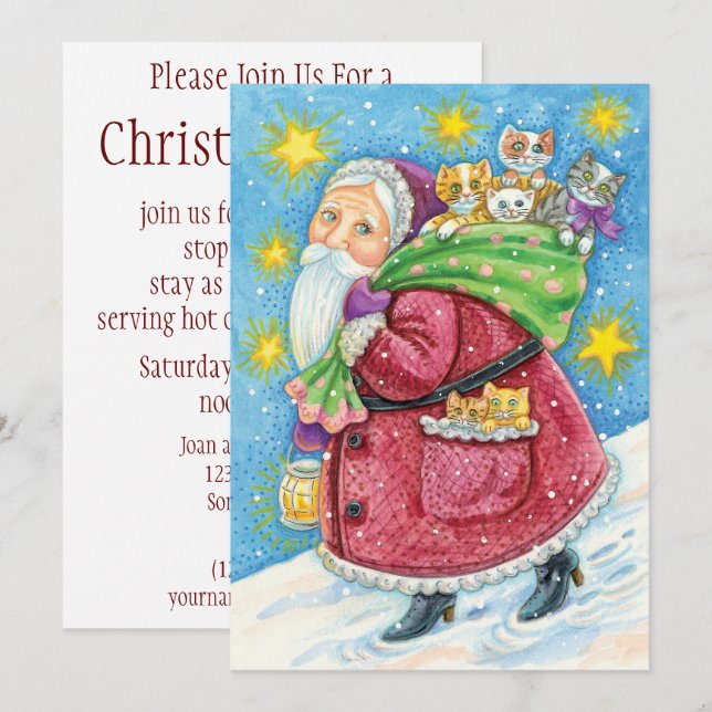 God jul, Jultomten med kattungar och katter! Inbjudningar (Fram/baksida)