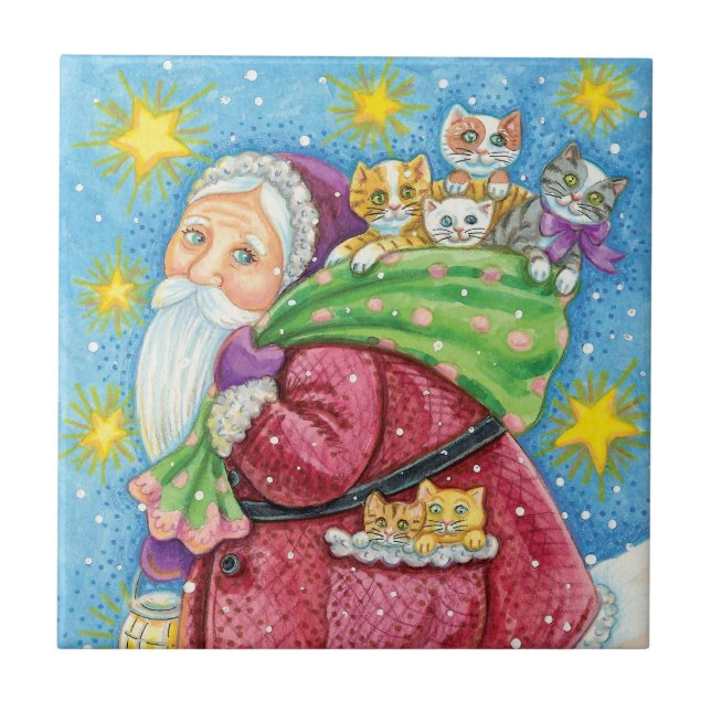 God jul, Jultomten med kattungar och katter! Kakelplatta (Framsidan)