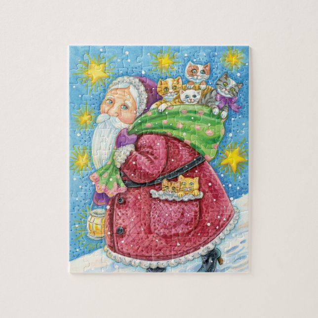 God jul, Jultomten med kattungar och katter! Pussel (Vertikal)