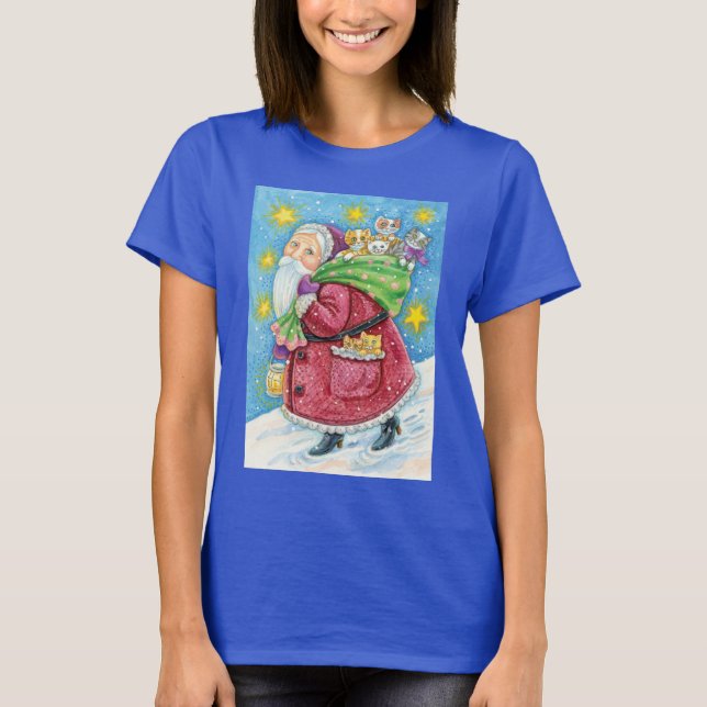 God jul, Jultomten med kattungar och katter! Tee Shirt (Framsida)