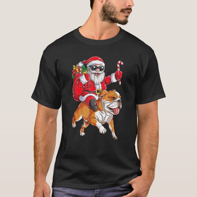 God jul Jultomten Riding English Bulldog Merry T Shirt (Framsida)