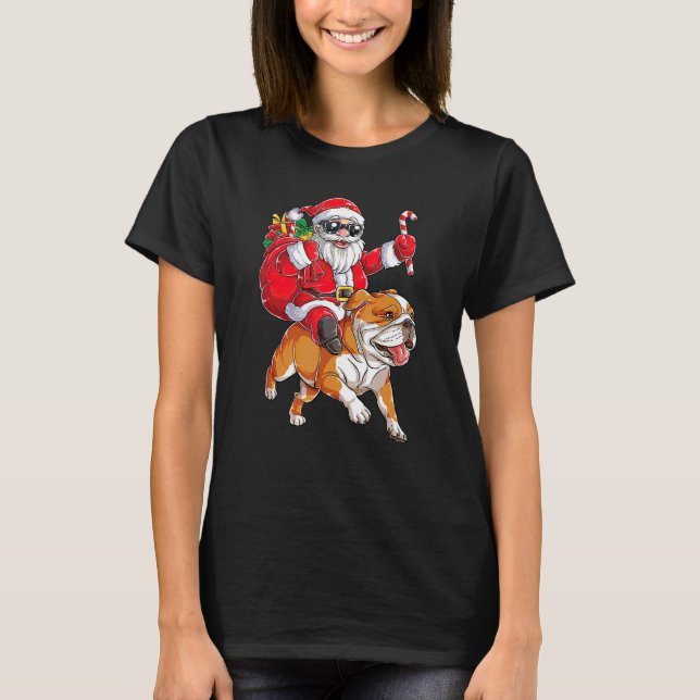 God jul Jultomten Riding English Bulldog Merry T Shirt (Framsida)