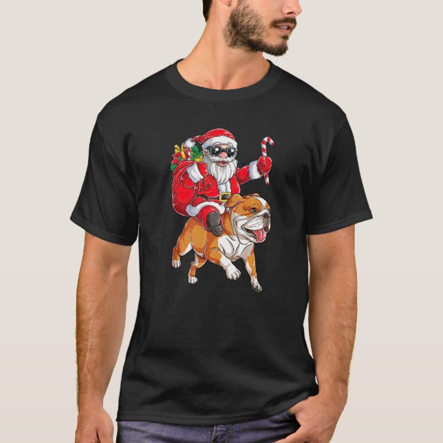 God jul Jultomten Riding English Bulldog Merry T Shirt (Framsida)