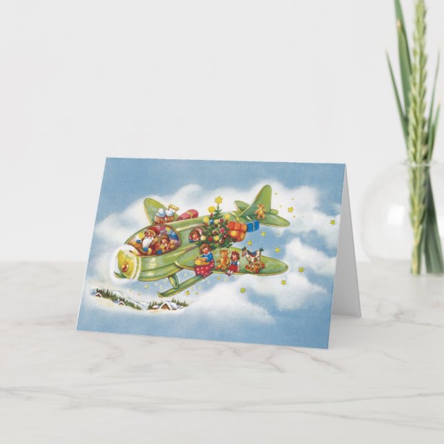 God jul, Jultomten som flyger ett flygplan Helgkort (Framsida)