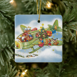 God jul, Jultomten som flyger ett flygplan Julgransprydnad Keramik