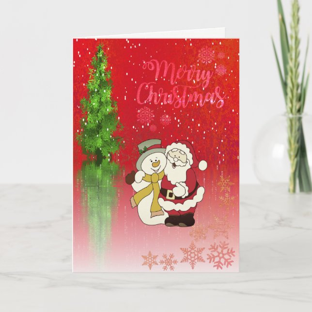 God Jul,Jultre,Sankte Klaus Snöman Helgkort (Framsida)