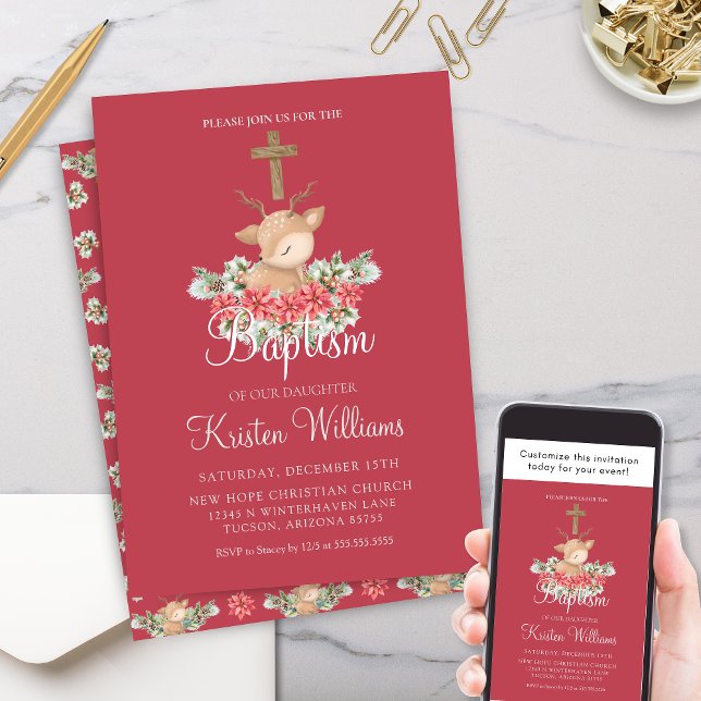 God jul, kära Baptism Christening Kor Inbjudningar (Cute Little Dear Christmas Winter Baptism Invitaiton with Poinsettia and Pine Floral Script)