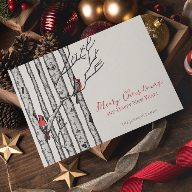 God jul Kardinals Birch Grenar Photo Helgkort (Elegant & Modern Hand-Drawn Merry Christmas Red Cardinal Birds Perched on Birch Tree Branches.)