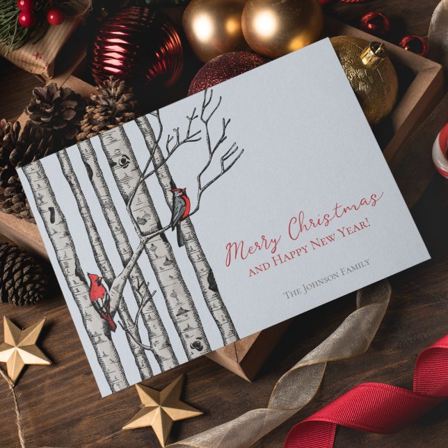 God jul Kardinals Birch Grenar Photo Helgkort (Elegant & Modern Hand-Drawn Merry Christmas Red Cardinal Birds Perched on Birch Tree Branches.)