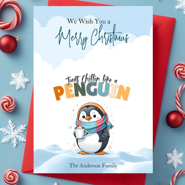 God jul kartoonish Chillin Som Penguin Helgkort (Merry Christmas Cartoonish Chillin Like a Penguin Holiday Card)