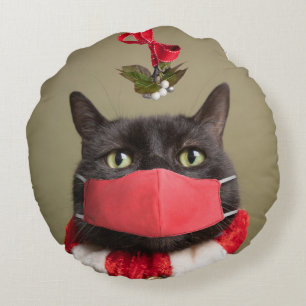 God jul Katt i Ansikte under Mistletoe Rund Kudde