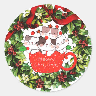 God jul Katt i ett Kopp-utandningspaket Runt Klistermärke