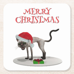 God jul. Katt med tomtehatt Underlägg Papper Kvadrat