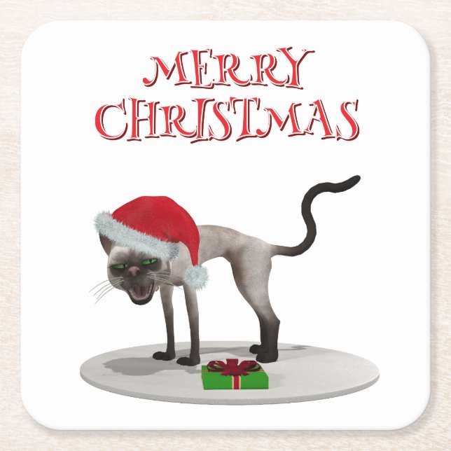 God jul. Katt med tomtehatt Underlägg Papper Kvadrat (Framsidan)