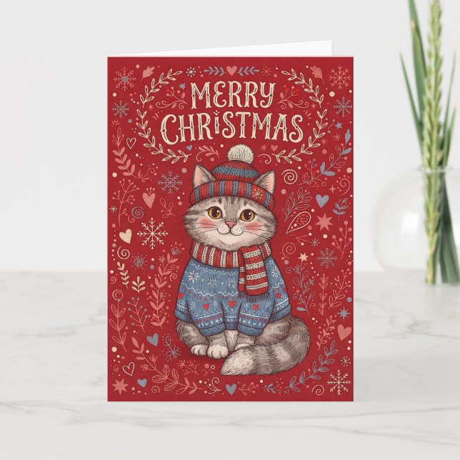 God Jul  Katt som bär tröja och hatt  Helgkort (Framsida)