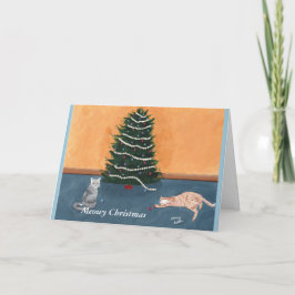 God jul Katt under hälsningskort i träd Helgkort