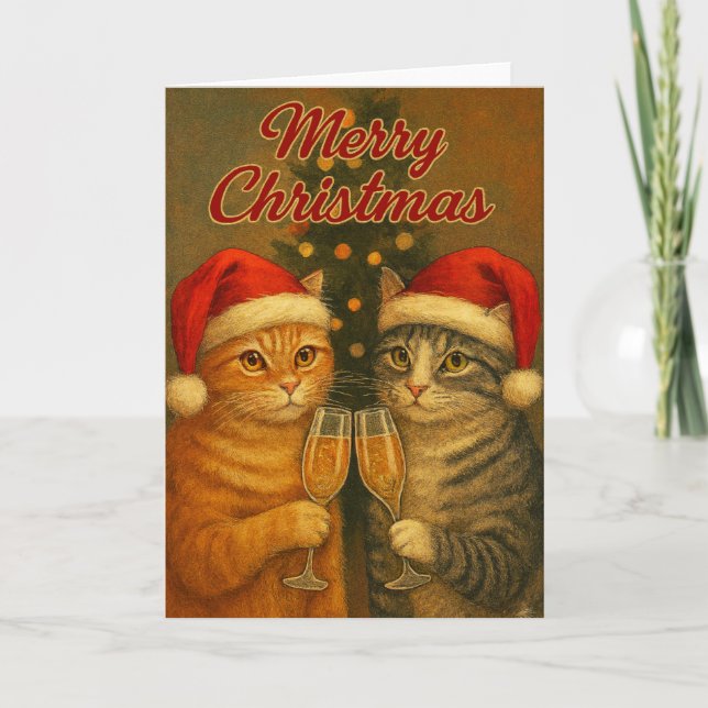 God jul – Katter skålar under trädet   Kort (Framsida)