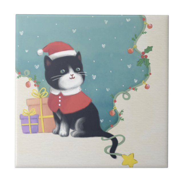 God jul: Kattillustration Kakelplatta (Framsidan)