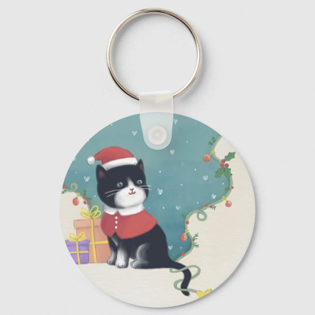 God jul: Kattillustration Nyckelring (Framsida)