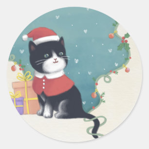 God jul: Kattillustration Runt Klistermärke