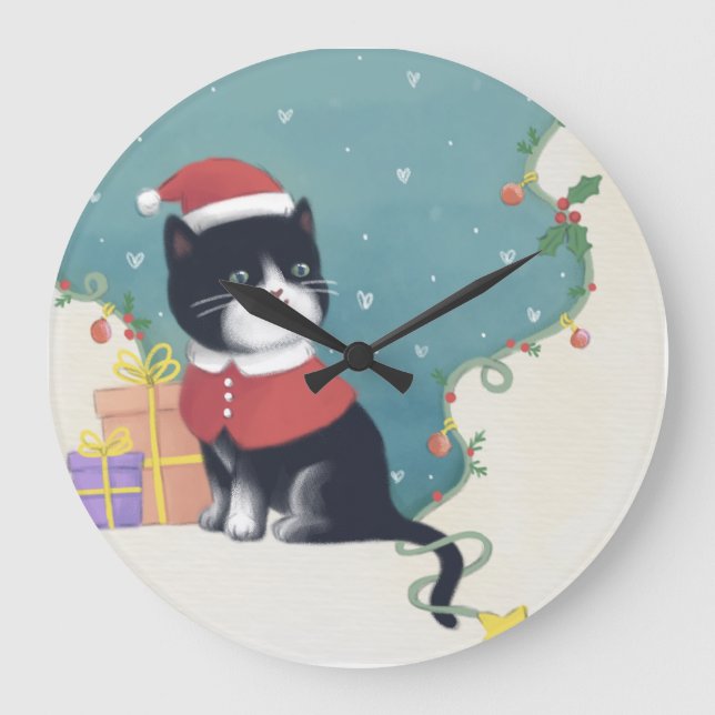 God jul: Kattillustration Stor Klocka (Framsida)