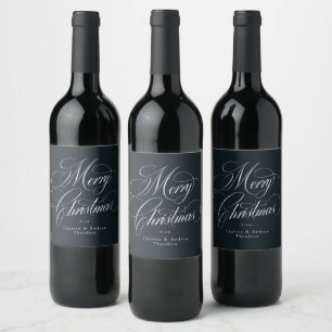 God jul klassisk elegant marinblå högtid vinflaska etikett