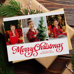 God Jul klassisk röd tre foto Julkort