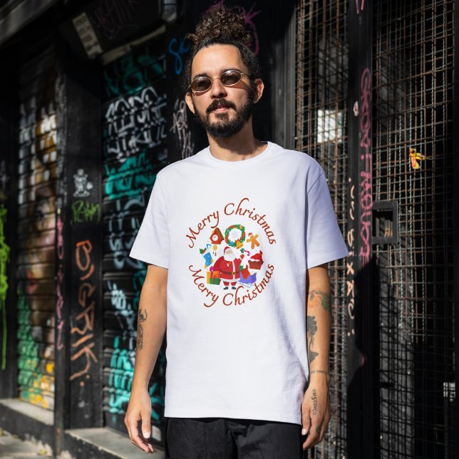 "God jul" Klassiska jultomte & Helgdag-ikoner T Shirt ("Merry Christmas" Classic Santa & Holiday Icons Tri-Blend Shirt)