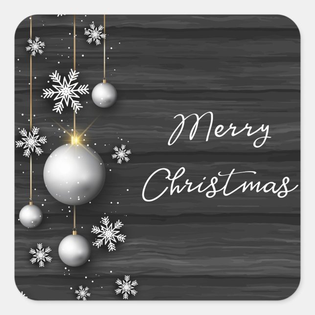God Jul Klistermärke (A square Christmas sticker features a dark gray wood-grain background with horizontal lines.)