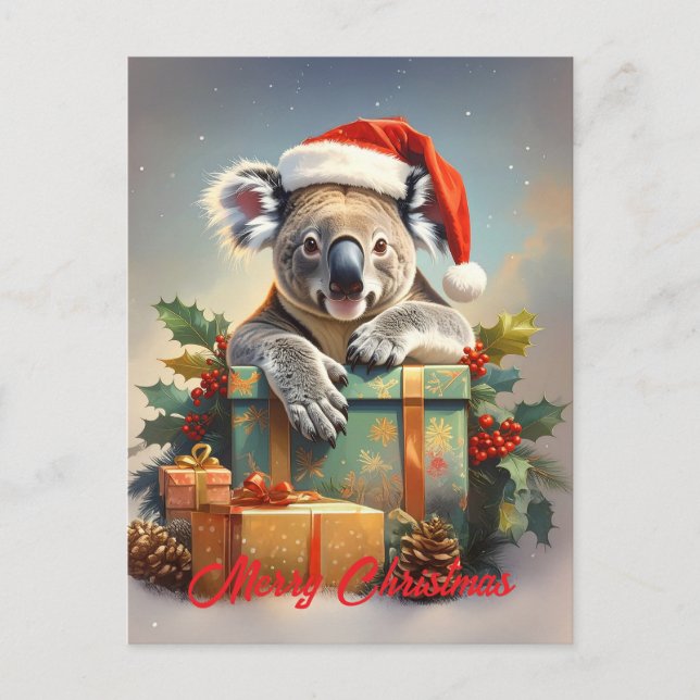 God jul Koala med presenter och järnek Helg Vykort (Framsida)
