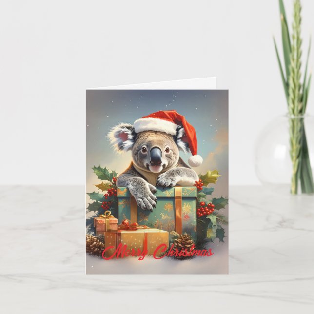 God jul Koala med presenter och järnek Helgkort (Framsida)