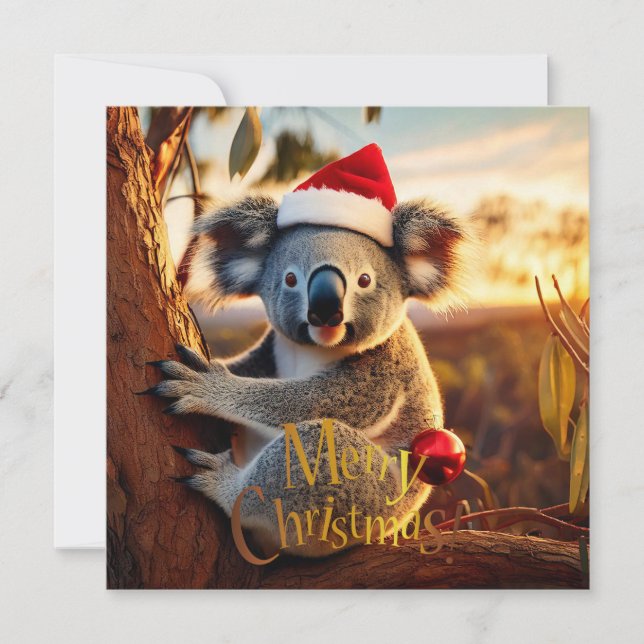 God Jul Koala som sitter i Eukalyptus Kort (Framsida)