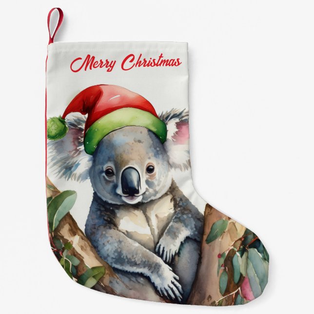God Jul Koala som sitter i Gumtree Liten Julstrumpa (Framsidan)