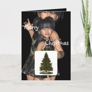 God jul-kort för tvillingasiatiska flickor Roligt Helgkort