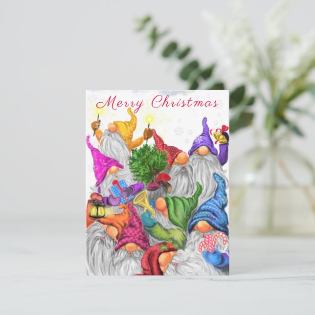 God jul-kort med Lycklig Gnome Party (Stående Fram)