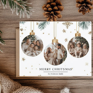 God jul-kort med tre utsmyckningsfoton vykort