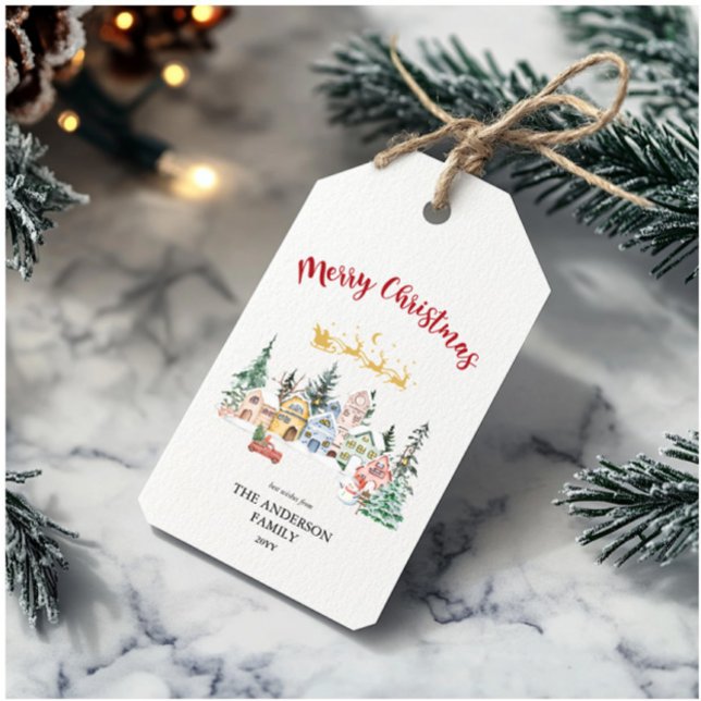 God jul-kort | Snowy Winter House Scene Presentetikett (Skapare uppladdad)