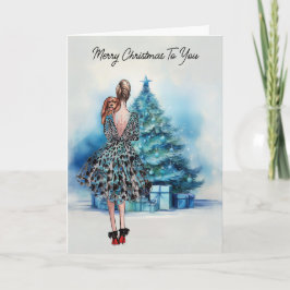God jul kvinna och blå Julgran Kort