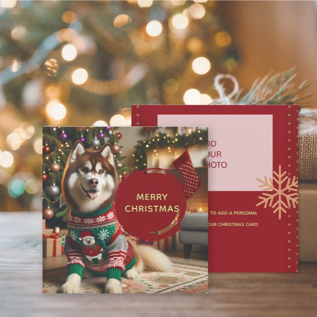 God jul Lägg till upp till 2 fotografieringskort Kort (The front and back of the Siberian Husky Christmas Holiday photo greeting card)
