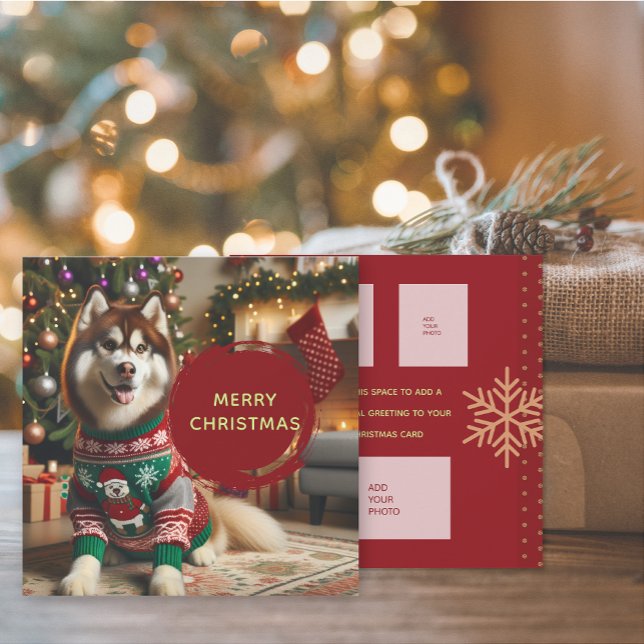 God jul Lägg till upp till 4 fotografieringskort Kort (The front and back of the Siberian Husky Christmas Holiday photo greeting card)